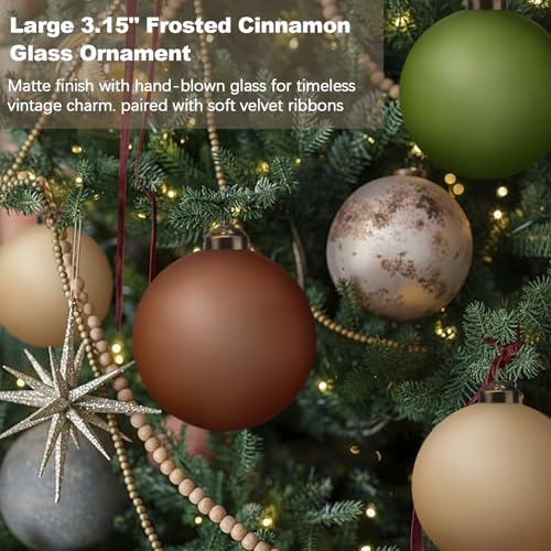 Soulchen 24-Pack 3.15 Inch Neutral Frosted Glass Christmas Ornaments - Beige, Light Brown, Green, Vintage Rustic Style