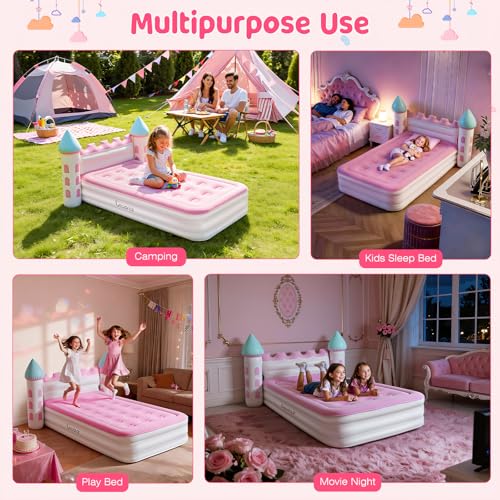 Lewondr Pink Castle Toddler Inflatable Bed with Electric Air Pump - Girl's Play & Sleep Bed, 3D Castle Headboard, Safe & Quick Inflate