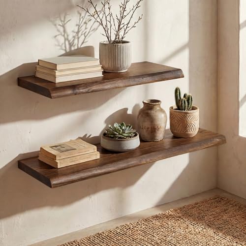 Vintage Weathered 32-Inch Live Edge Floating Shelves Set of 2 - Solid Elm Wall Shelves
