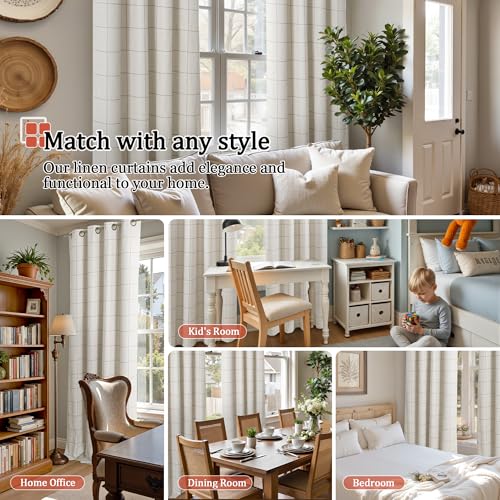 Natural 52x84 Inch Boho Plaid Linen Blackout Curtains - Pack of 2