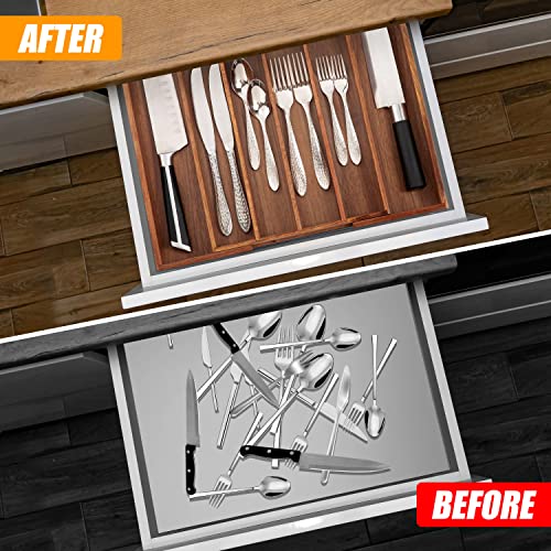 Brown Expandable Bamboo Silverware Drawer Organizer - 7 Slots Kitchen Utensil Tray