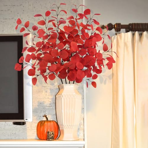 Red Artificial Eucalyptus Leaves Stems 33.8'' for Christmas & Holiday Decor - Set of 4