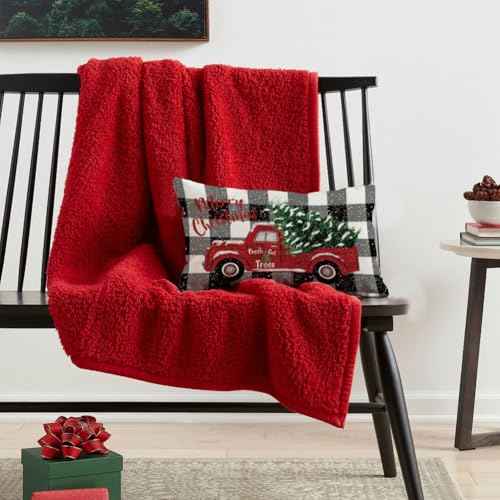 RABUSOFA Christmas Pillow Covers 12x20 Black and White Buffalo Plaid Red Truck Christmas Decorations Winter Decorative Throw Pillow Cases Farmhouse Holiday Xmas Lumbar Cushion Covers for Couch