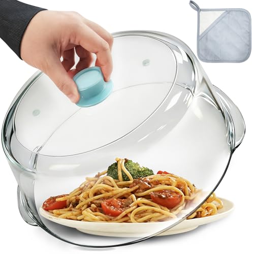 Tall Glass Microwave Splatter Cover with Blue Knob - 10 Inch Food Safe Lid