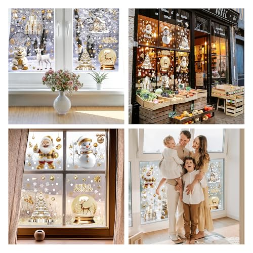 198pcs 3D Gold Christmas Window Clings for Glass Windows, White Snowflake Santa Claus Double-Sided Reusable Holiday Window Stickers for Home,Cafe,Mall Glass Door,Office,Party Christmas Decorations