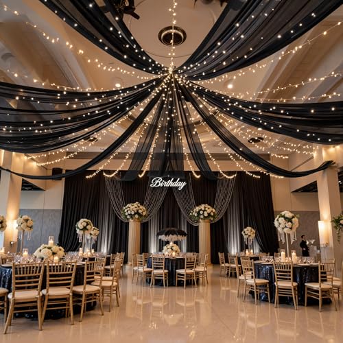 60" x 120" Black Ceiling Curtains Pack of 6 for Weddings & Events - Wrinkle-Free Tulle Drapes