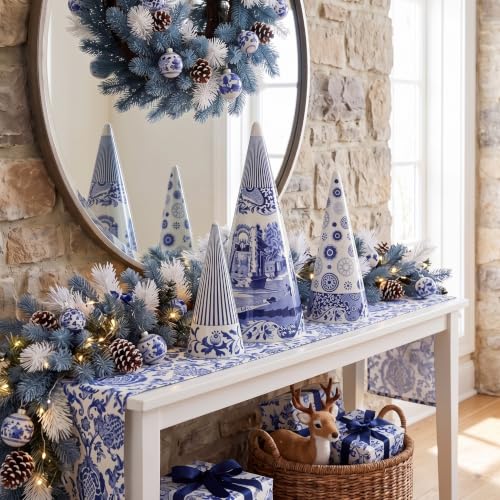 Reallnaive Blue and White Porcelain Christmas Tree Set - Chinoiserie Holiday Decor, 3 Sizes