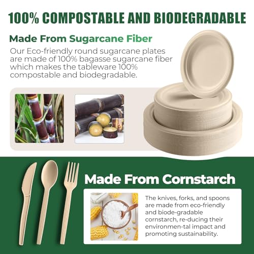 Brown 250-Piece Biodegradable Paper Plate and Utensil Set – Eco-Friendly Disposable Dinnerware for Parties and Camping