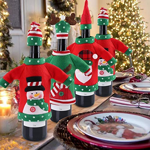 Christmas Wine Sweater - Ugly Santa, Reindeer and Snowman Cover for Red Wine Bottles - Christmas and New Year Party Decoration (3Pcs)