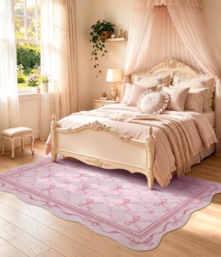 Pink Bow Area Rug for Girls - 8x10 Washable Floral Scalloped Rug - Pink / 8' x 10'