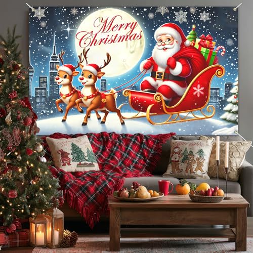 Merry Christmas Banner Santa Sleigh Decorations 71 x 43 in