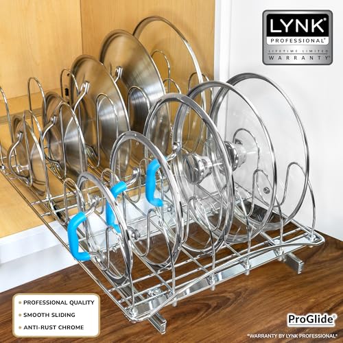 LYNK PROFESSIONAL Pull Out Pot and Pan Lid Organizer 14W x 21D x 9H Inches - Chrome Kitchen Cabinet Storage