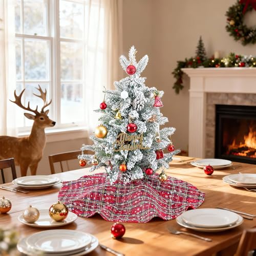 B-COOL Red Green Plaid Snowflake Christmas Tree Skirt 24 Inch - Buffalo Check Holiday Decor