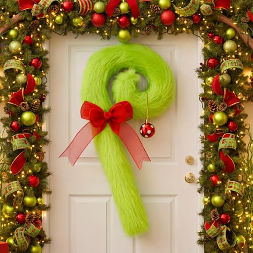 Janinka Christmas Candy Cane Wreath with Red Bow & Green Plush Decor