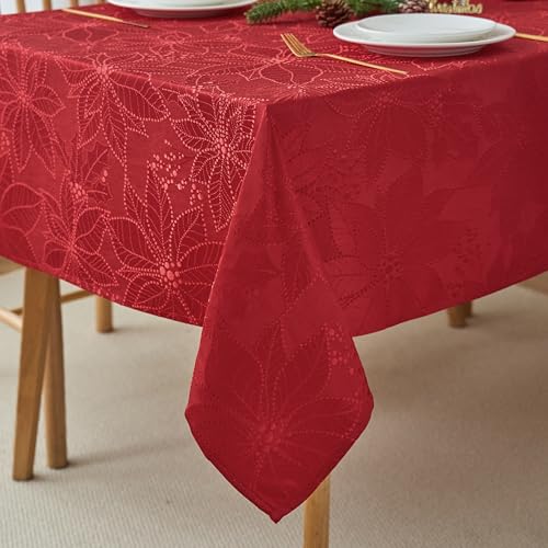 Anlass 70x52 Inch Christmas Poinsettia Jacquard Tablecloth Waterproof & Wrinkle-Resistant