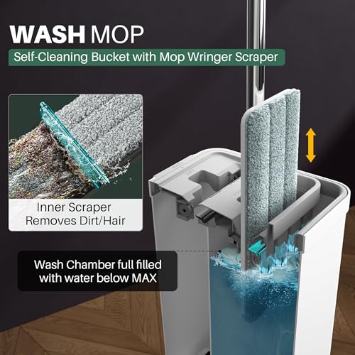 JOYMOOP Flat Mop System with Microfiber Pads and Bucket Set - White, O