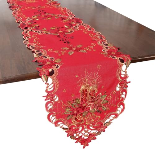 Grelucgo 14x88 Inches Embroidered Christmas Table Runner - Red Polyester with Poinsettia, Scalloped Border