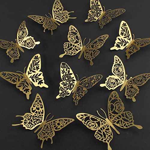 iinuu Gold Butterfly Wall Decor Stickers, 60pcs Golden Butterfly Birthday Party Decorations Butterfly Cake Decorations for Baby Shower Bday Wedding Christmas 3D Paper Butterflies Girls Bedroom Decor
