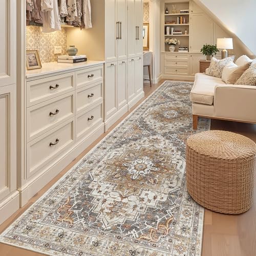 Madane 3x10 Washable Hallway Runner Rug - Turmeric & Grey Non-Slip Low-Pile