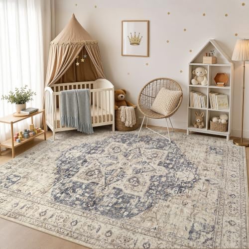 8x10 Washable Area Rug - Vintage Medallion Pattern, Non-Slip, Cream & Blue