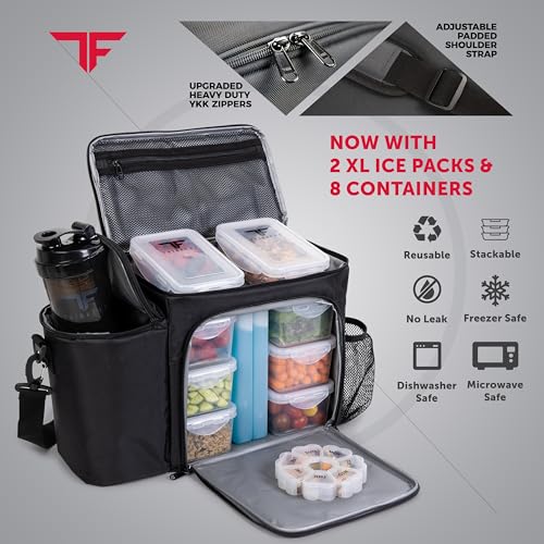 Insulated Meal Prep Lunch Bag with 8 Containers & Accessories - Large Black