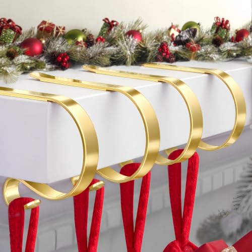 MSHALADE Gold Christmas Stocking Holders for Mantle - Set of 4, Heavy Duty Iron Stocking Hangers