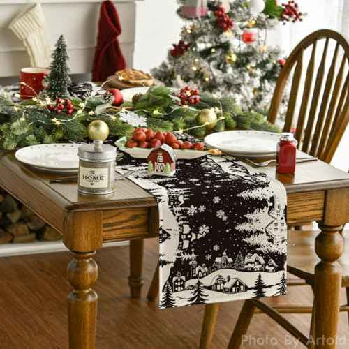 Artoid Mode Igloo Pine Snowflake Silhouette Christmas Table Runner, Black Seasonal Winter Kitchen Dining Table Decor for Home Party 13x72 Inch