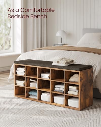 VASAGLE Rustic Brown & Chestnut Shoe Bench with 15 Cubbies & Removable Cushion