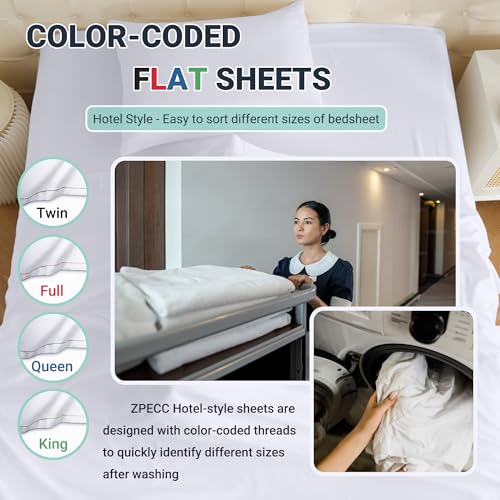 King Flat Sheets 6 Pack - White with Color-Coded Hem Threads, Hotel-Quality