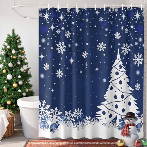 Ueplerts Navy Blue Christmas Shower Curtain Set with Hooks - 72x72 Inch Waterproof Holiday Bathroom Decor