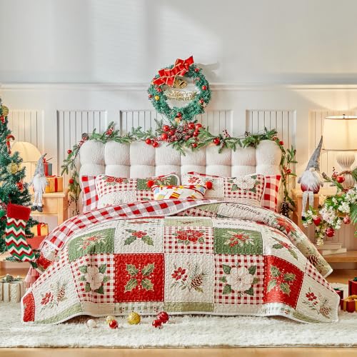 Christmas Patchwork Quilt Set Twin Size - 2 Pieces Green Red Plaid Bedding