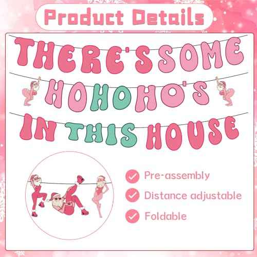Gameza Friendsmas Christmas Party Decorations - 4PCS There's Some Ho Ho Hos in This House Christmas Banner Pink Naughty Christmas Decorations Party Holiday Santa Claus Xmas Party Decor Supplies No DIY