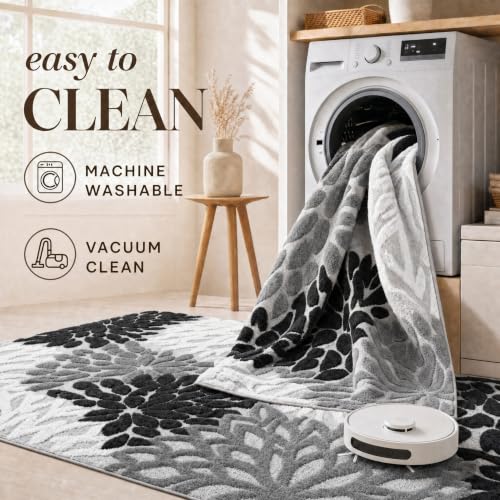 Arenarug 6x9 Grey White Black High-Low Plush Area Rug, Washable Floral Textured Carpet