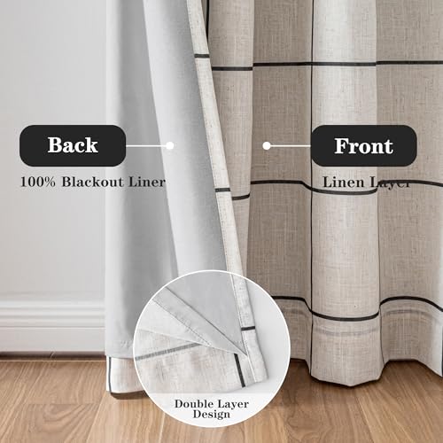 MYSKY HOME Blackout Plaid Linen Curtains 52W x 84L Double Panel Set for Living Room, Insulated & Privacy, Black