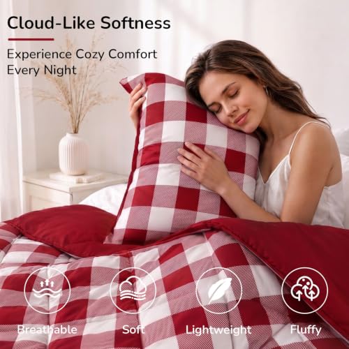 Downluxe Queen Reversible Plaid Comforter Set 3 Pieces - Red & White