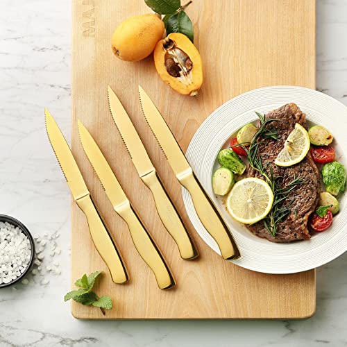 Marco Almond Gold Knife Set with White Knife Block, 14-Piece Titanium-Coated Kitchen Knives