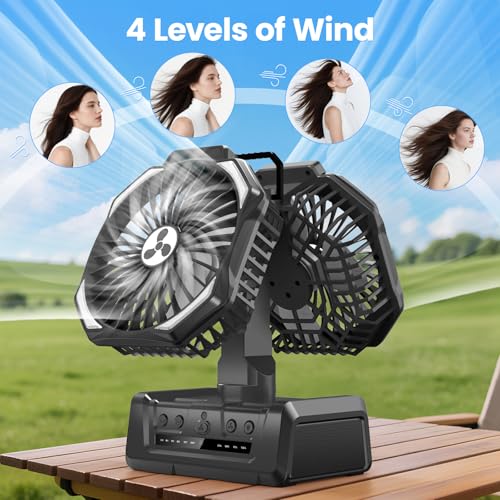 Black Dual Head Portable Rechargeable Fan 20000mAh Battery Powered Outdoor Fan