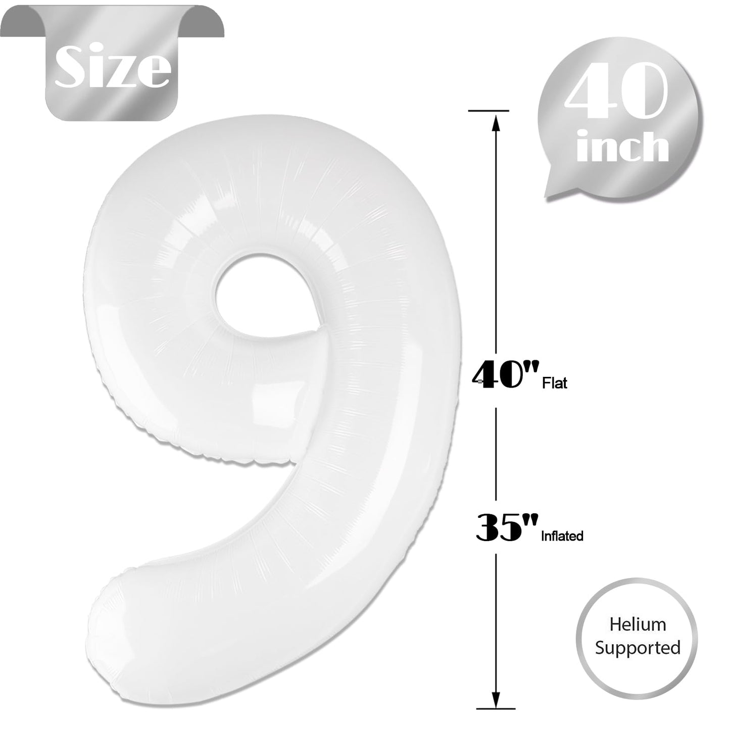 White Number 9 Balloon 40 Inch, 9th Birthday Party Decorations for Children, Giant 9 Foil Balloon for Party Supplies