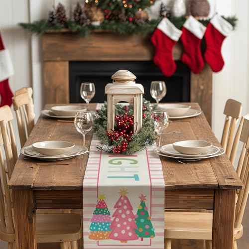 GEEORY Christmas Table Runner 13x60 Inch, Striped Trees Merry and Bright Xmas Decorative Farmhouse Table Decoration for Kitchen Dinning, Indoor Outdoor Dinner Party (Pink) GT125-60