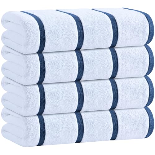 Striped Navy Blue Oversized Cotton Pool Towels 4 Pack - 30 x 60 Inches