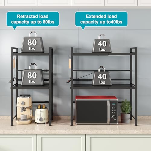 Black 3-Tier Expandable Microwave Oven Rack with Hooks - Space-Saving Kitchen Organizer