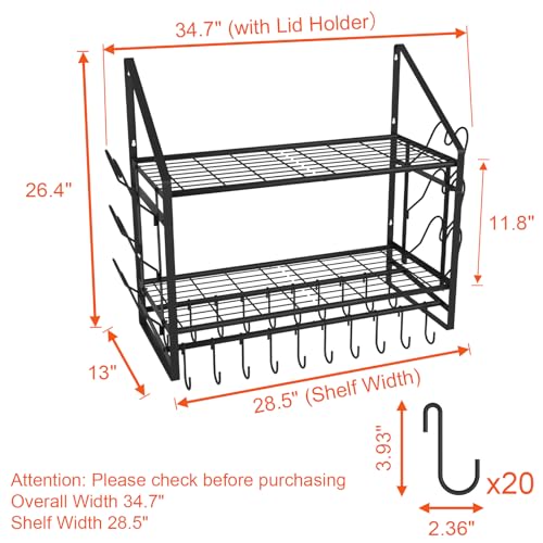 VyGrow 28 Inch Black 2-Tier Wall Mounted Pot Rack with 20 Hooks & Lid Holders