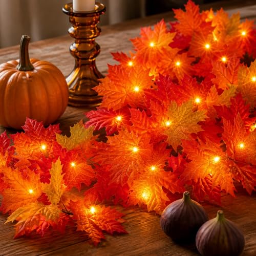 9FT Fall Garland with Lights - Connectable Outdoor Indoor Halloween Thanksgiving Decor - 2 Packs