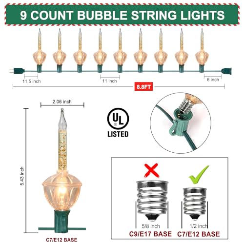 Couah Gold Glitter Bubble Lights String 9ft LEDs with 10 Bulbs (1 Spare) - 9 Lights Gold Variant
