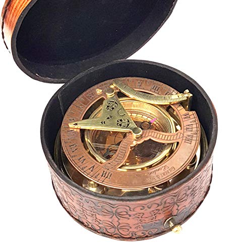 Large Antique Brass & Copper Nautical Sundial Compass - Gift Box Included