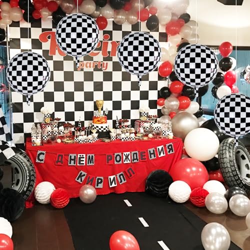 TONIFUL 8Pcs Large Checkered 4D Giant Round Foil Balloon 22inch Big Mirror Metallic Mylar Sephere Balloons for Christmas New Year Birthday Party Graduation Wedding Baby Shower Decoration Supplies