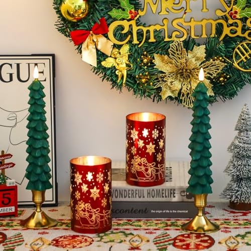 Lezonic Red & Green Flameless Christmas Candles with Remote - Battery Operated Set of 4, Lifelike Wax Xmas Decor