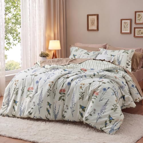 Bedsure Floral Queen Comforter Set - White Soft & Fluffy Fall Bedding, 3 Pieces
