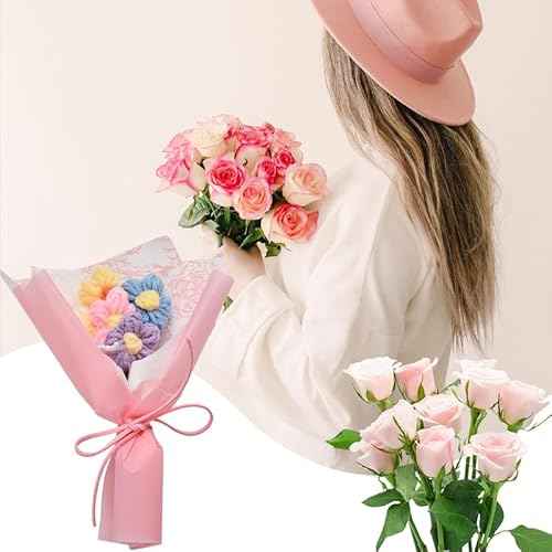 Mini Crochet Flowers Bouquet Kit for Girls Birthday Gifts for Daughter Friends Handmade Knitted Eternal Puff Flower Bouquet Pink Artificial Flowers Home Decor Decorations for Graduation Motehrs Day