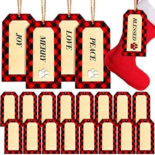 24 Pieces Christmas Stocking Name Tags Personalized Wooden Hanging Stocking Name Tags Plaid Farmhouse Gift Tags Christmas Custom Ornaments for Xmas Holiday Rustic Decoration DIY Craft